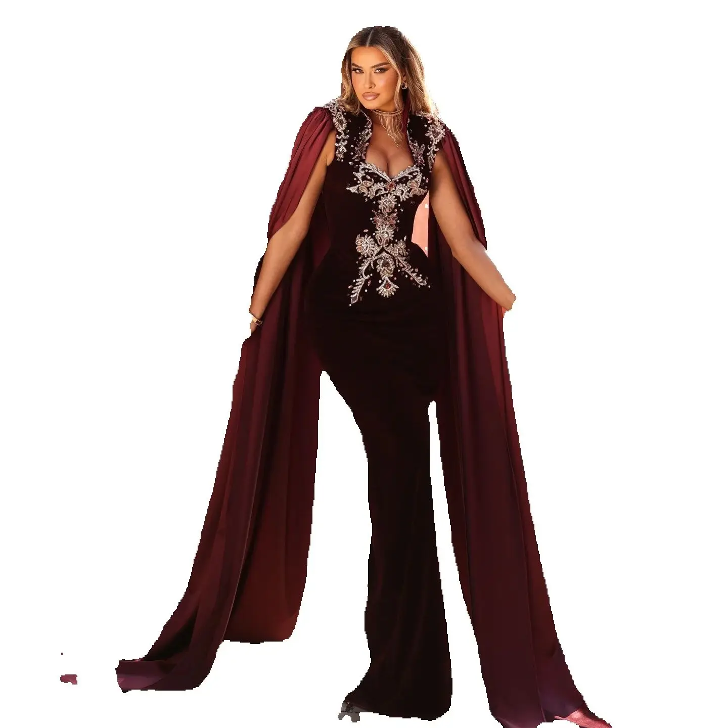 Velvet Prom Dress V-Neck Bridal Dress Sexy Cape Sleeve Crystal Sequins Lace Evening Dress Floor Length Party Gown Customized vestido de novia