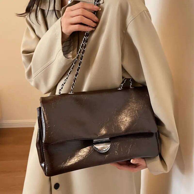 JIAERDI Retro Chain Silver Buckle Tote Women Waxed Leather Texture Large Capacity Shoulder Bag Ladies New Underarm Bags TIANOUDAISHU
