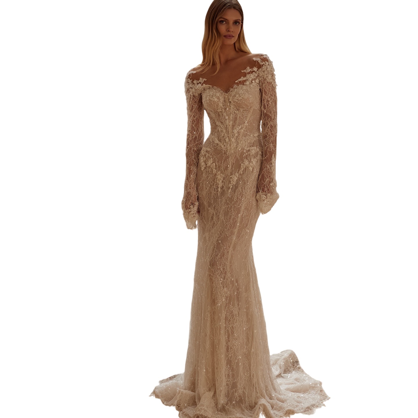 Luxury Ball Gown Wedding Dresses Detachable Train Long Sleeves Beads Appliques Lace Bridal Gowns Customized Robe