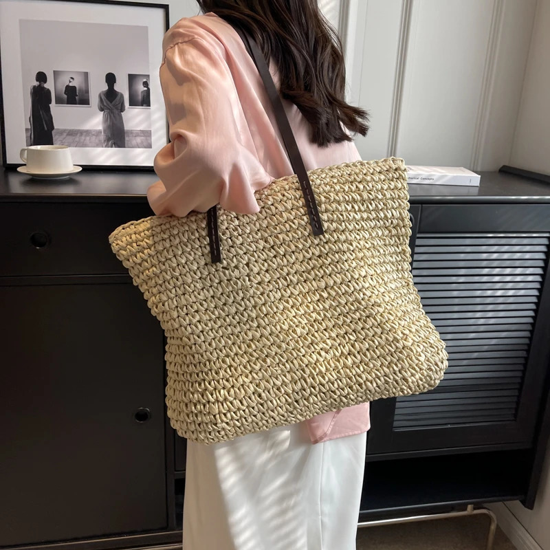 MOODS Straw Woven Tote Bags For Women Large Capacity Shoulder Beach Bag Pure Color Summer Big Shopping Handbag260316