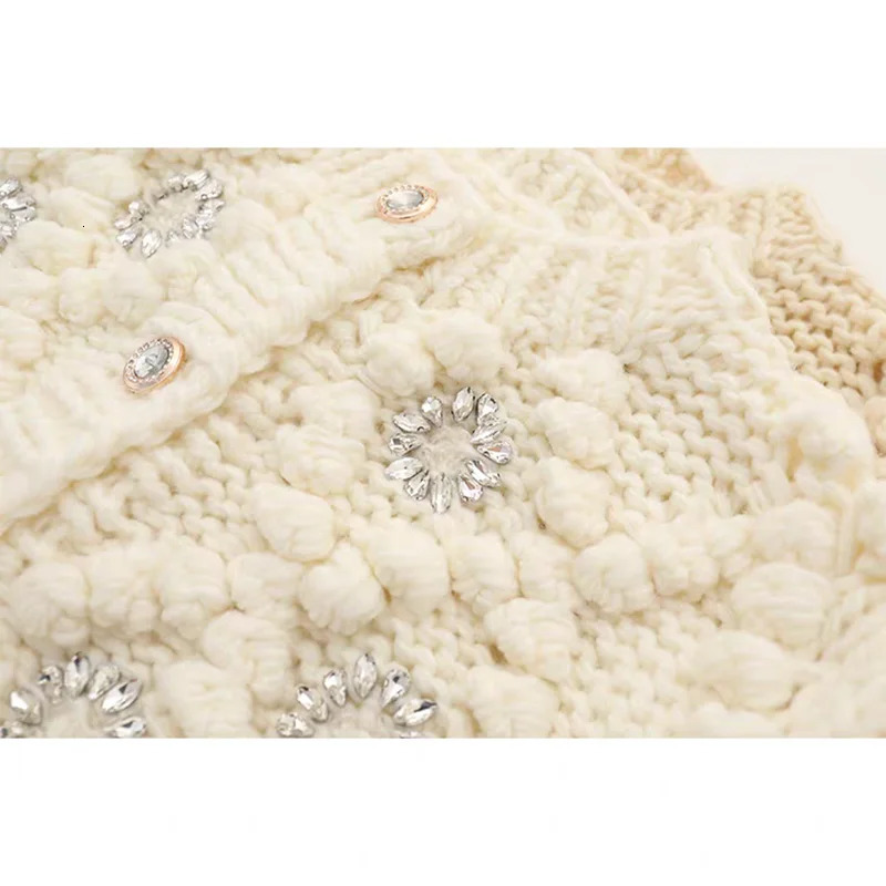 Handmade Bubble Diamond Embellished Cardigan Crochet Flower Chunky Knit Sweater 3D Floral Details Button-Up Knitwear Coat 260327