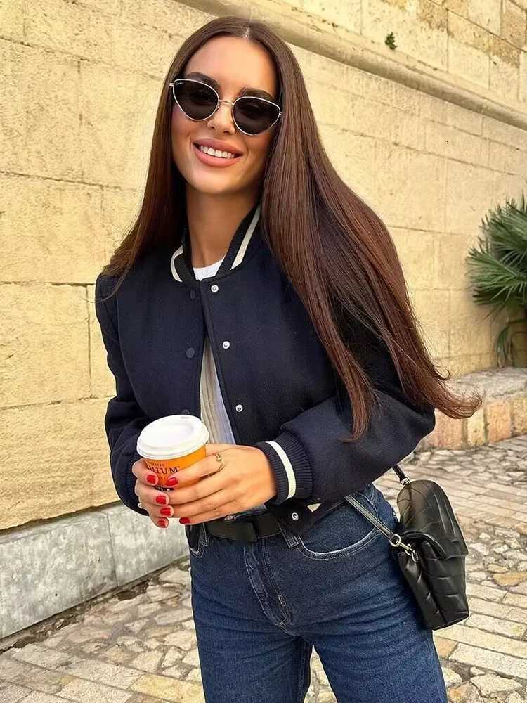 SLTNX Womens Navy Blue Loose Bomber Jacket Spring Casual Streetwear Long Sleeve Front Button Stand Collar Coat OuterwearT260328