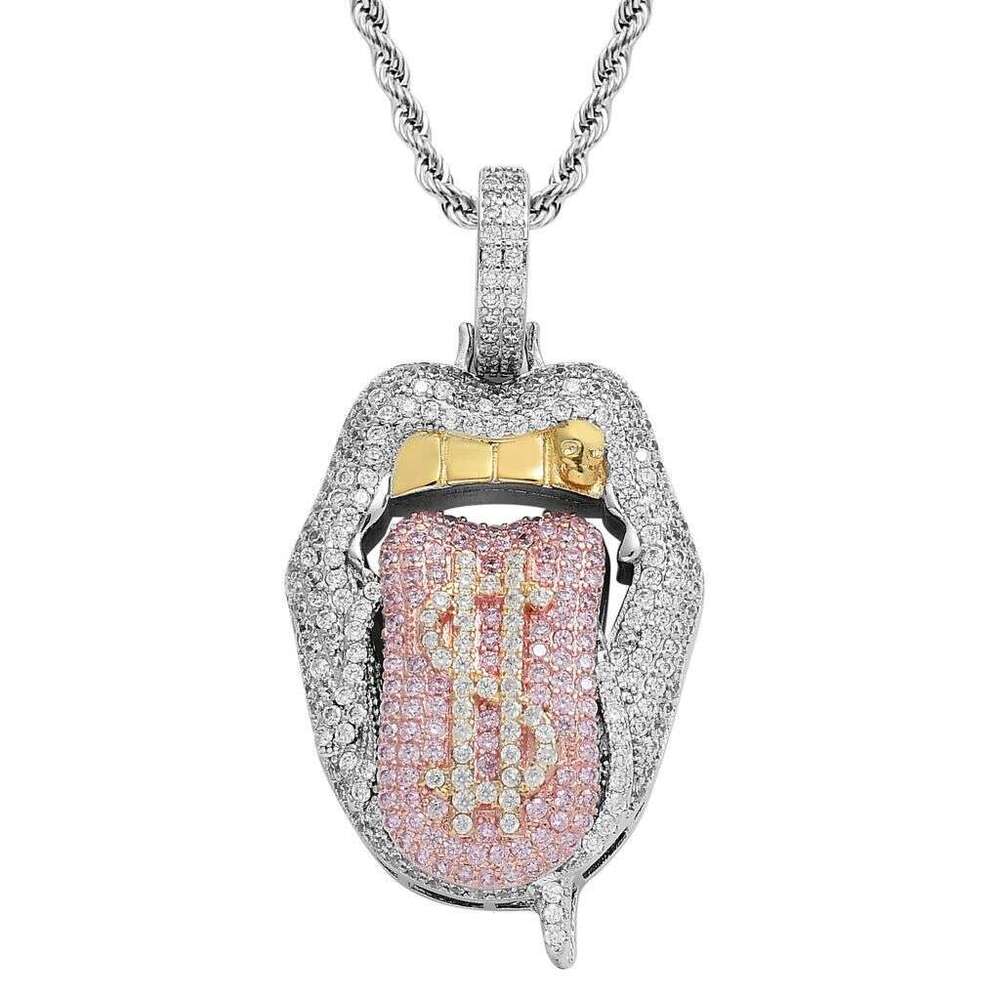 Necklace With Tongue-Out Lips And Dollar Pendant, Trendy Personalized Micro-Inlaid Zircon Men's Hip-Hop Pendant