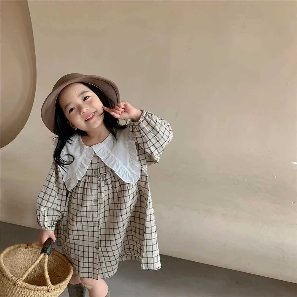 Baby Girls Dress Casual Plaid Clothes Summer New Korean Cotton Linen Girls Princess Dress Big Turn Down Collar DressT260330