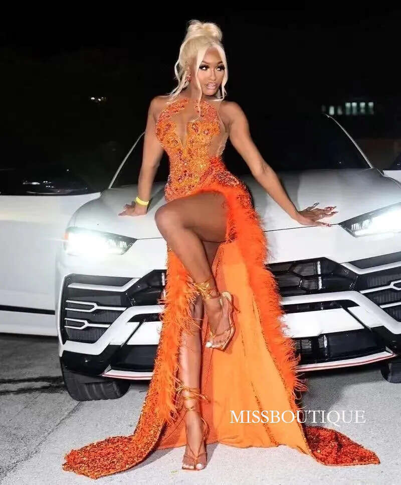 Sexy Orange Prom Dresses For Black Girls Sequin Beading Feathers African Women Pageant Party Gowns Bc18623 D0302 D0330