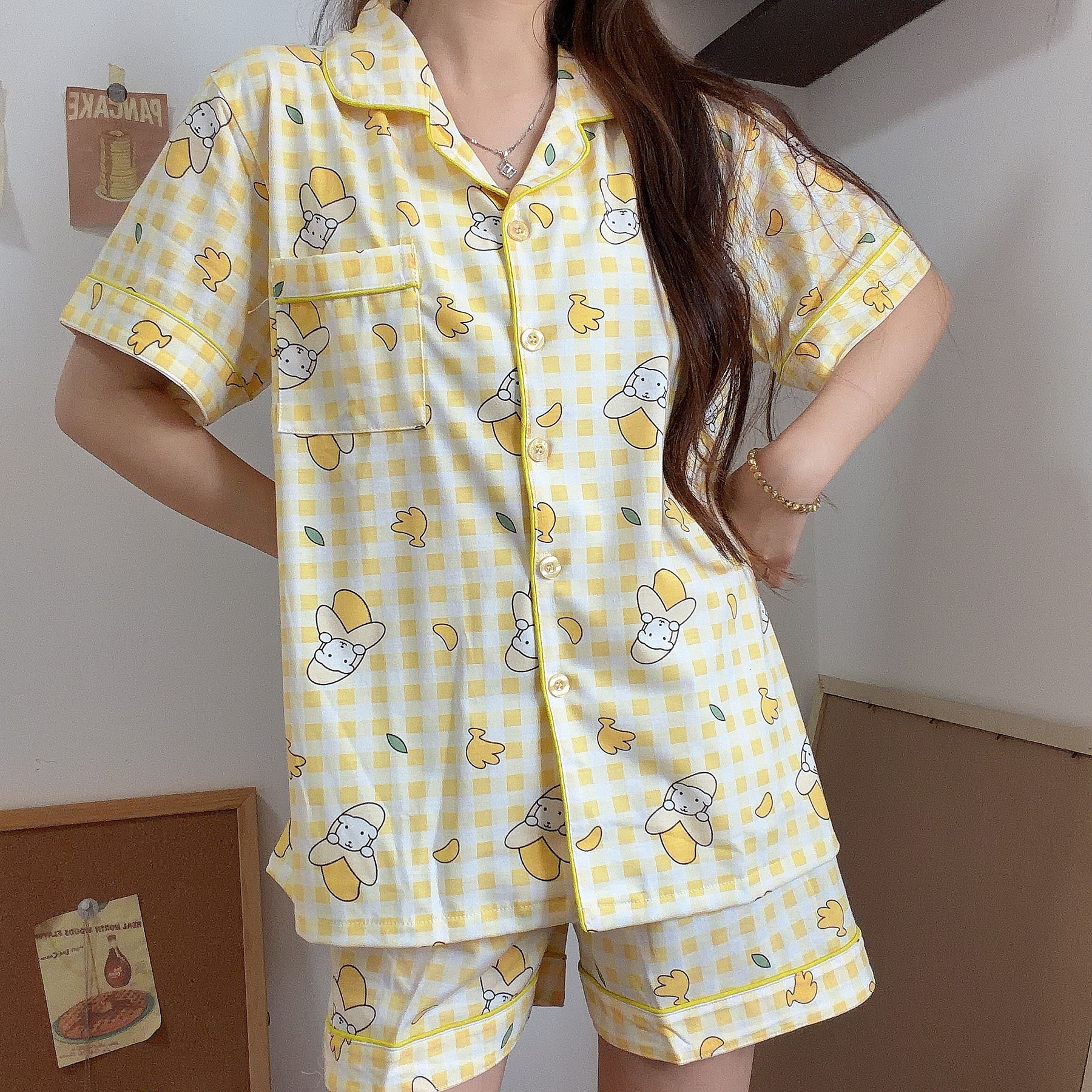 2026 plaid puppy sleepwear summer new short sleeved women's sleepwear cartoon cute cardigan Korean home clothes luxury sleepwear fashionable vers