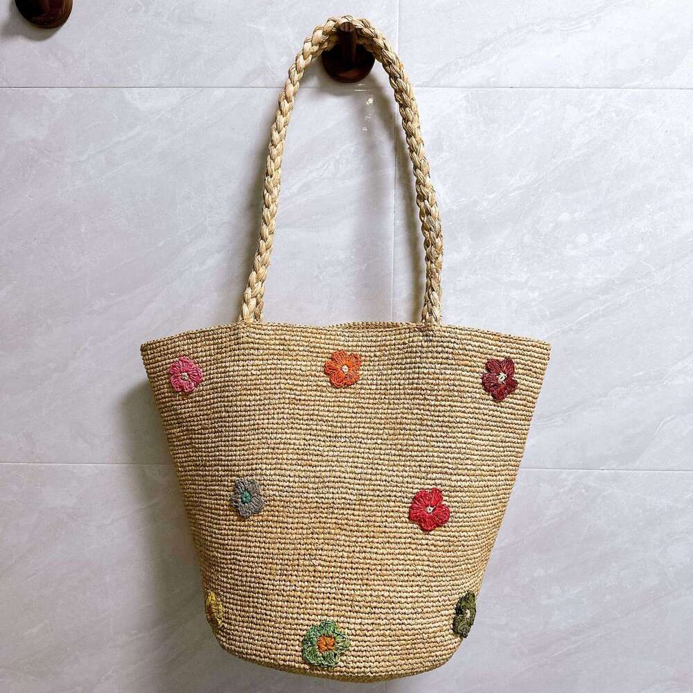 Totebag Shoulder ROSE NOIRE Hand Crocheted Raffia Straw Bucket Women Large Capacity Shoulder Bag With Embroidered Flowers Versatile For Vacation And B