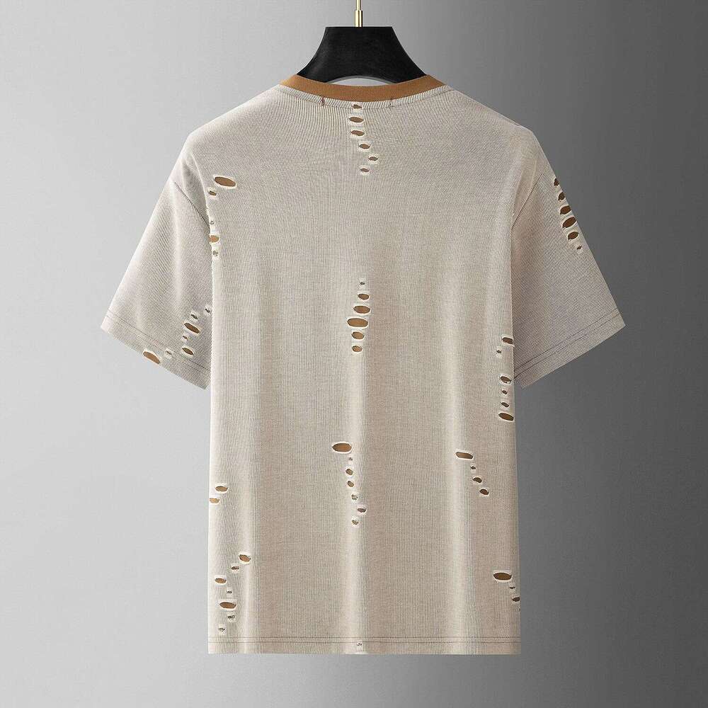 European fashion design ripped short-sleeve luxury new summer trendy embroidered T-shirt men's half-sleeve tee