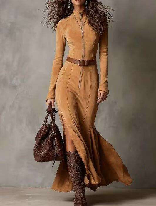 Women Zipper PU Short Sleeve Turn Down Collar Streetweaer American Retro Casual Pleated A-Line Midi Dress With Belt