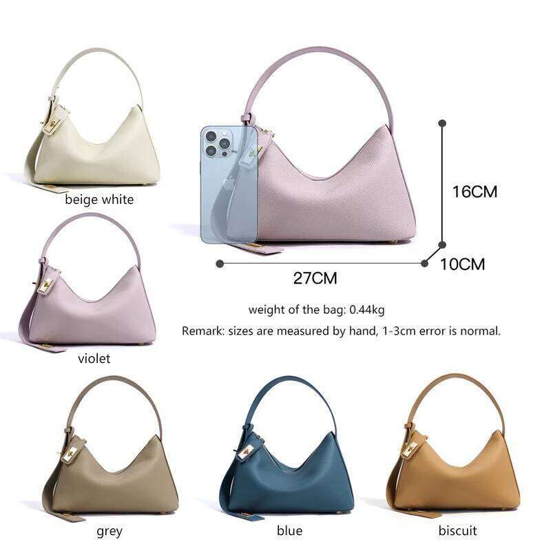 Women S Plain Color Genuine Leather Handbag Fashionable All Match Casual Versatile Trendy Single Shoulder Bag With Lock Design
