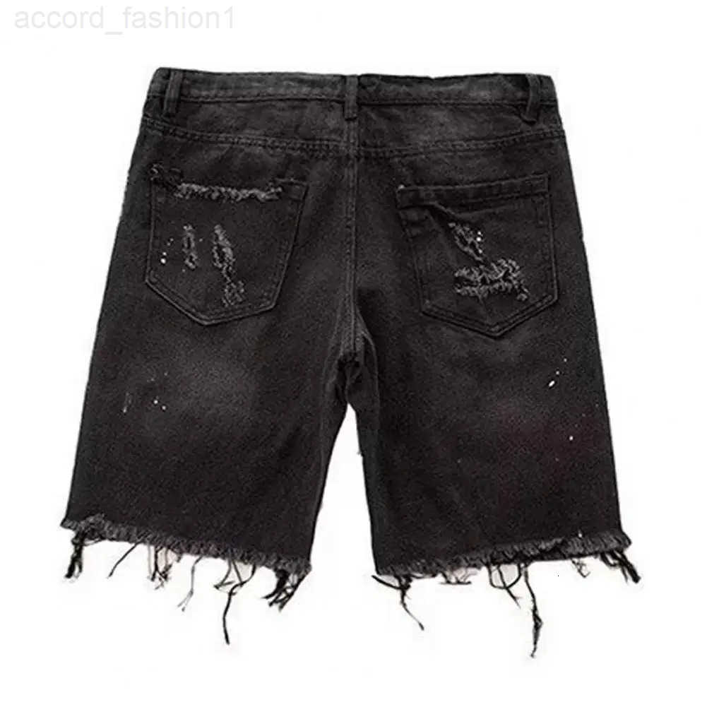 Men Denim Shorts Button Zipper Fly Multi Pockets Short Jeans Straight Fit Ripped Holes Knee Length Distressed Denim Shorts H260330