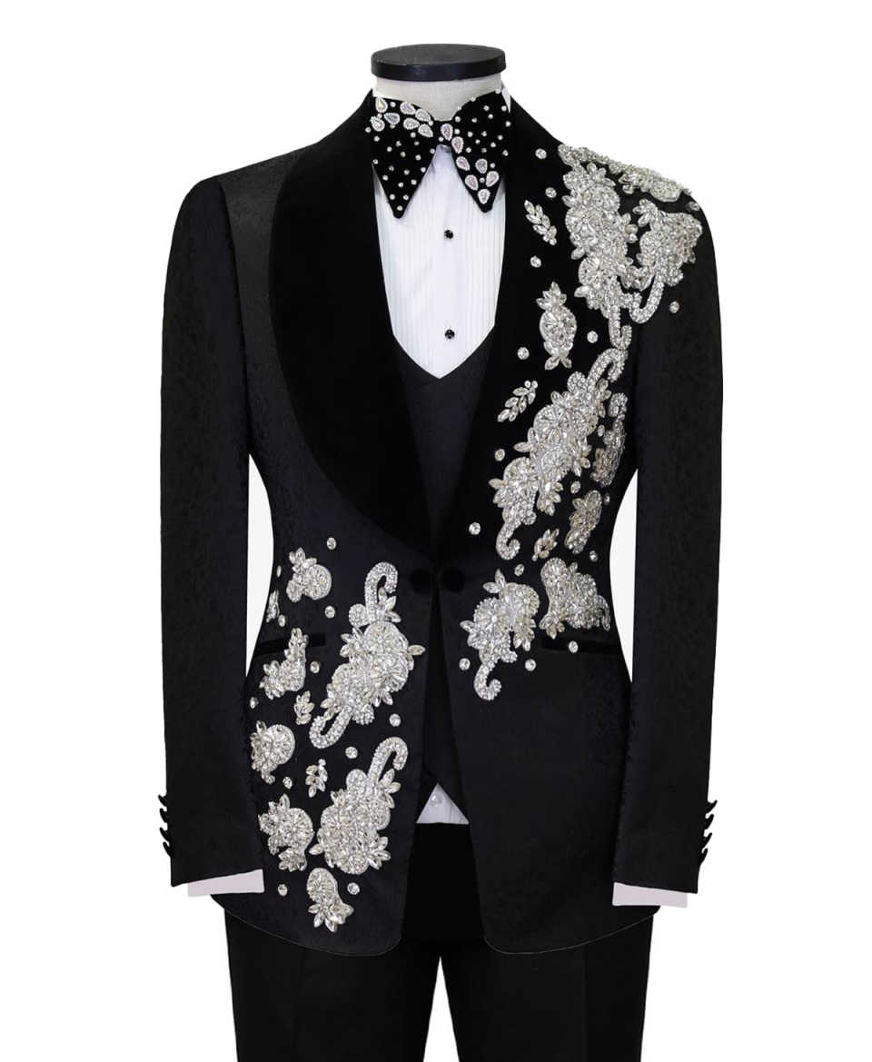 Designer Appliques Wedding Suits For Groom Shawl Lapel Single Breasted Tuxedos 3 Pcs Jacket Pants Vest Party Prom Customized