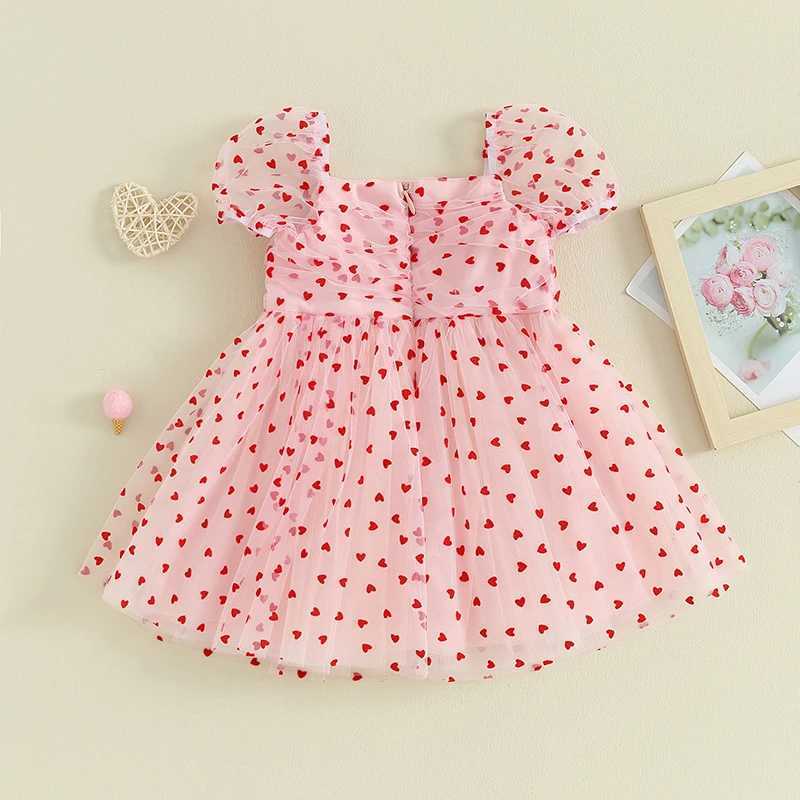 0-4Y Baby Girls Heart Print Tulle Dress Valentines Day Short Puff Sleeve A-line Dress Kids Princess Dresses Summer ClothesT260330