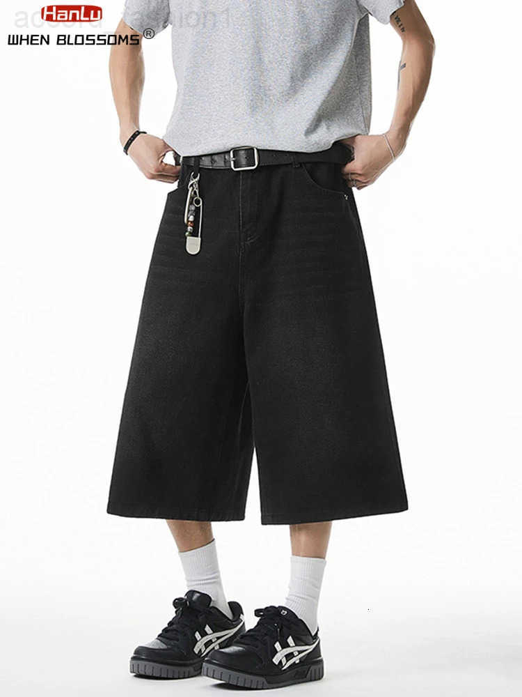 2025 Summer Mens Wide Leg Jeans Shorts Vintage Distressed Wash Y2K Straight Elastic Waist Loose Casual Relaxed Fit H260330
