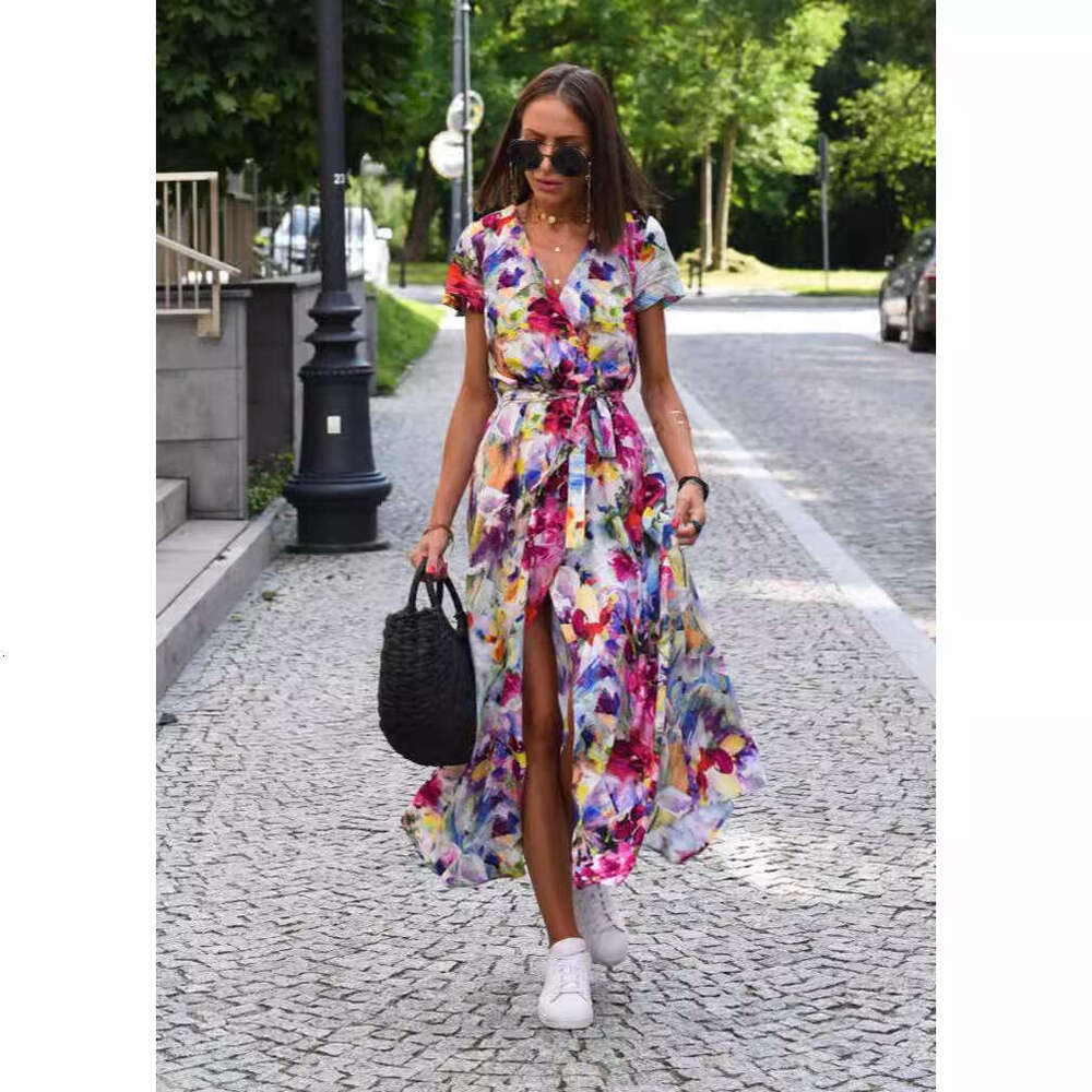 Cross-border women's clothing European and American holiday polka dot print tie-waist V-neck mid-length short-sleeve dress