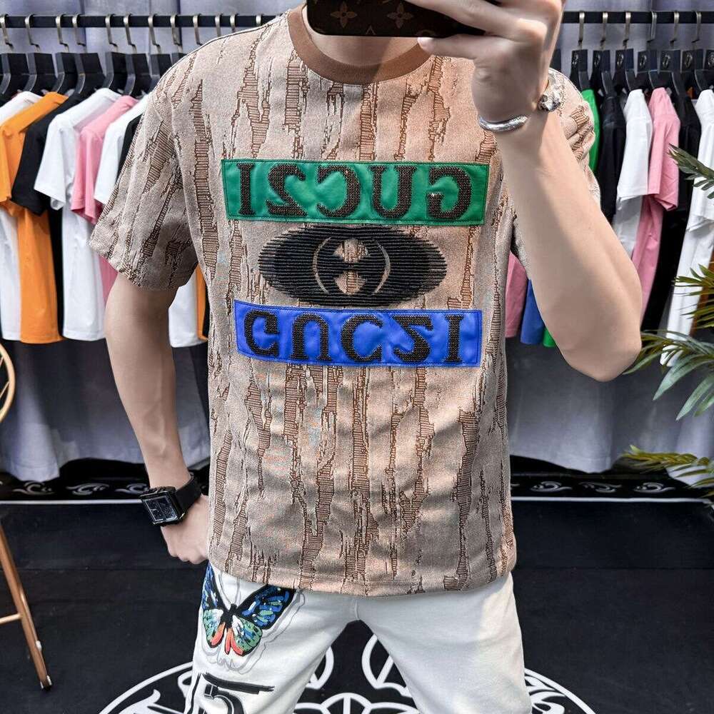 European men's high-end ripped patchwork embroidered round-neck short-sleeve T-shirt, luxury new summer American style half-sleeve