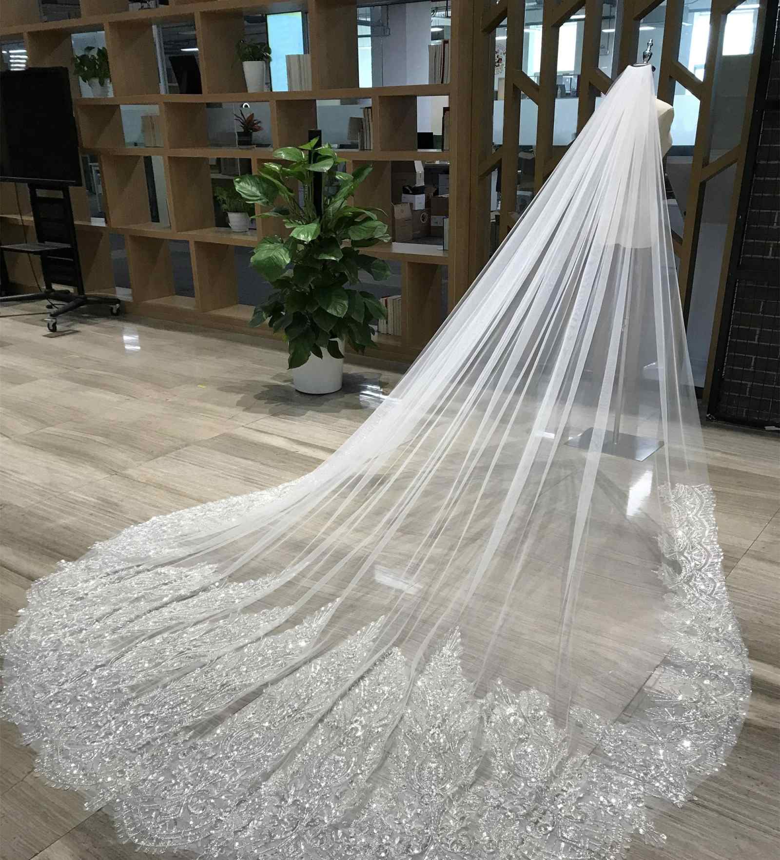 Luxury Wedding Veil Crystals Beading One Layer Cathedral Length Veils Velo De Cabeza Customized