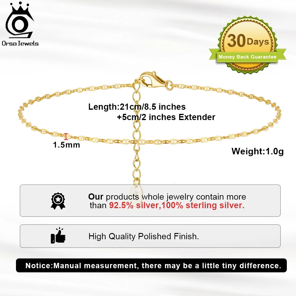 ORSA JEWELS 925 Sterling Silver Mariner Chain Anklets Fashion Women Summer 14K Gold Foot Bracelet Ankle Straps Jewelry SA24 260324