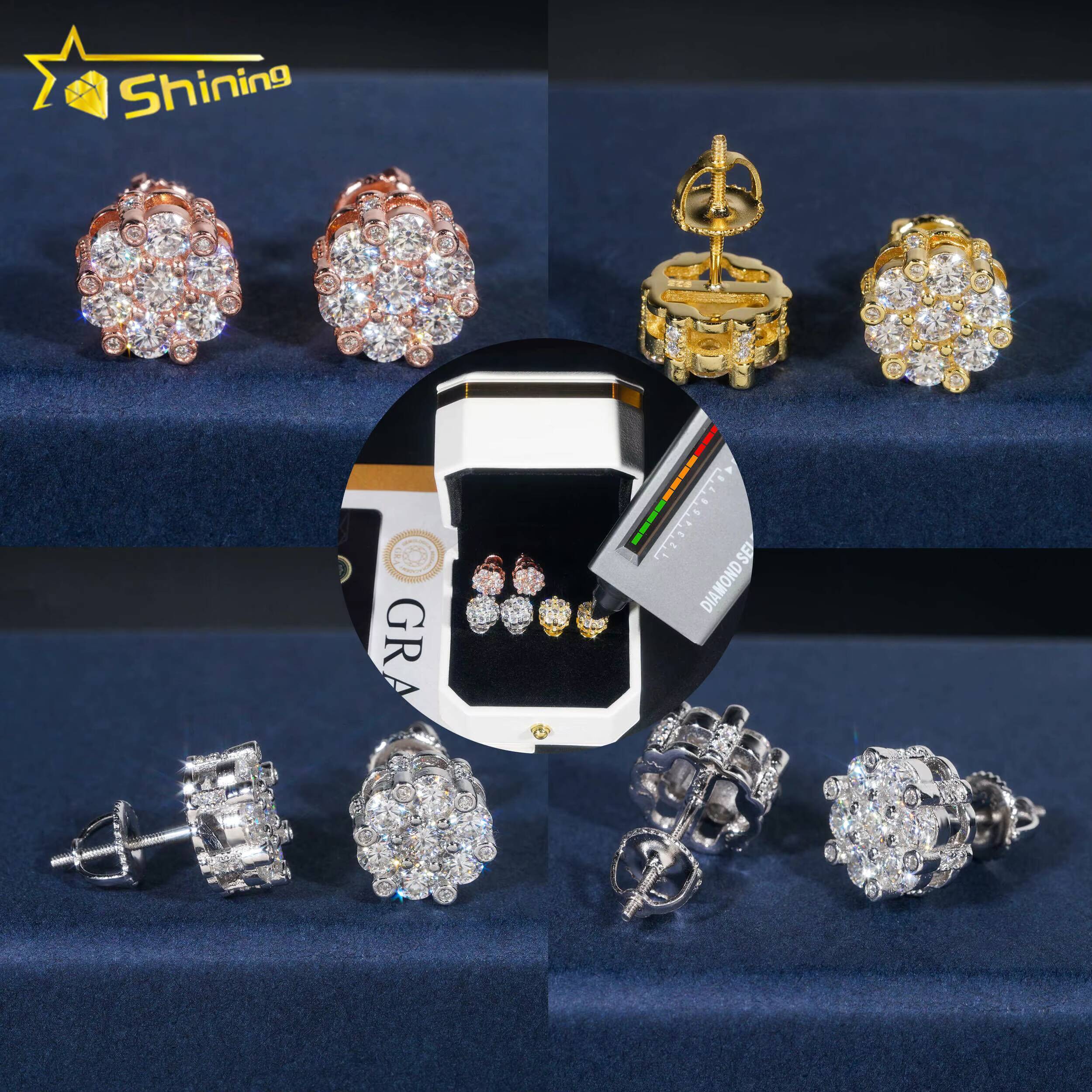 Hot Sale Trendy Cluster Flower Screw Back Stud Earrings 925 Silver Gold Plated Moissanite Pass Diamond Test Stud Earring