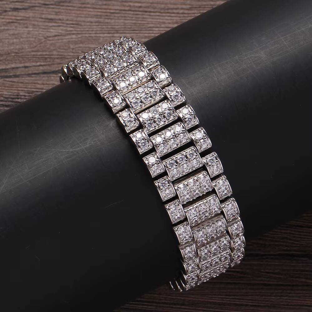 Mens Hip Hop Jewelry 18MM White Gold Plated Cubic Moissanite Iced Out Bracelet Watch Link Chain Bracelet