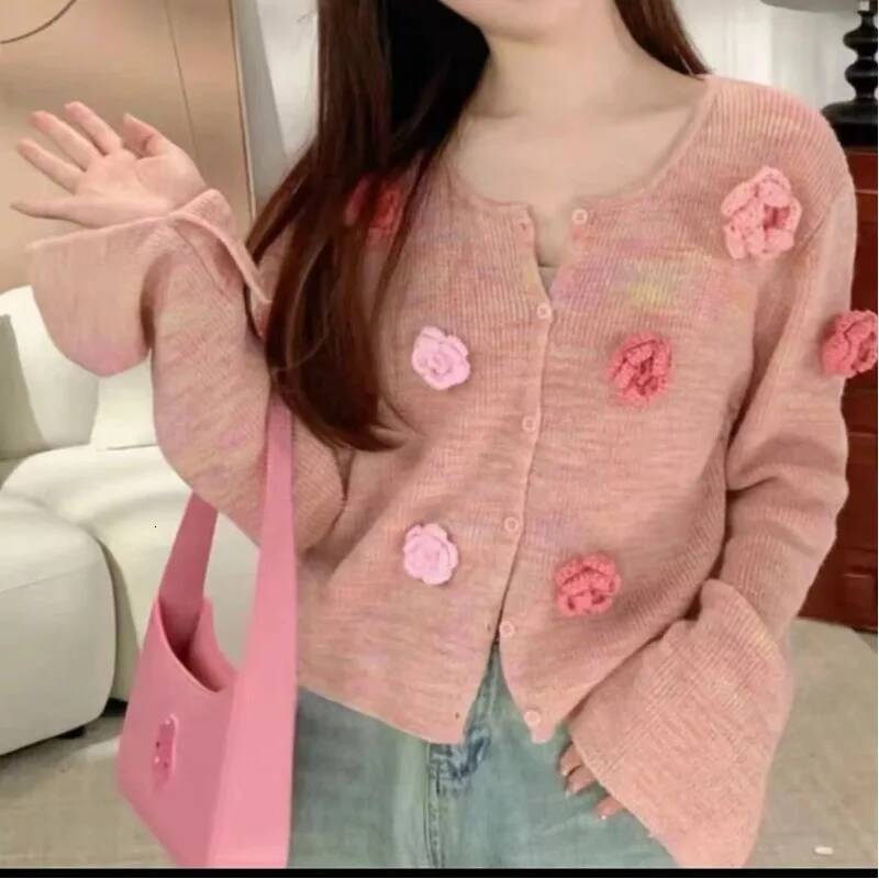 Colorful Flower Knitted Women's Spring Patchwork Round Neck Button Solid Color Flare Sleep Slimming Casual Long Sleeved Sweater