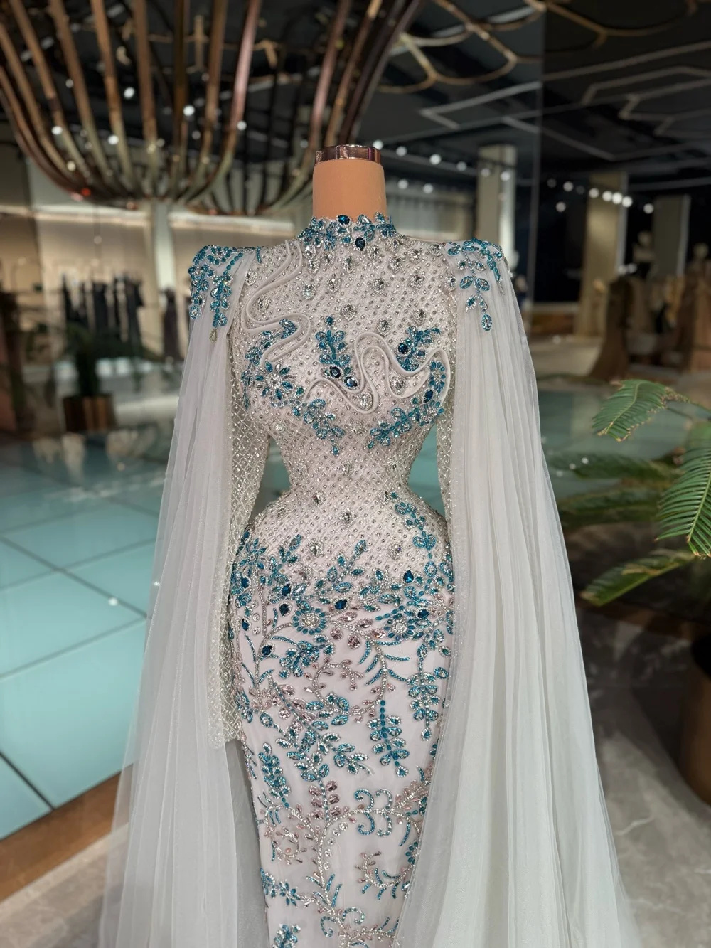 Fashion High Neck Sequins Prom Dresses Elegant Beaded Crystal Lace Evening Dress Floor Length Party Gown Customized