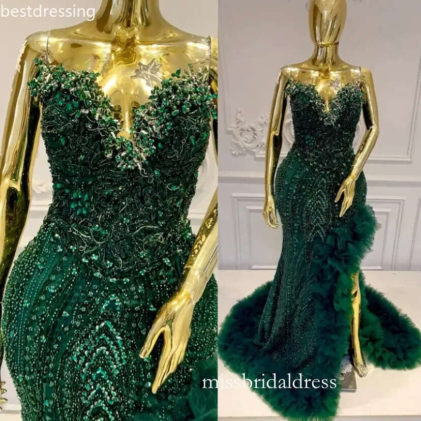 2026 Mermaid Emerald Green Prom Dresses For Black Women V Neck Robe De Mariee Formal Gowns Illusion Beaded Lace Side Split Robe De Soiree Luxe 0203 D0
