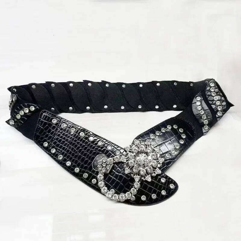 Rhinestone Splicing Wide Waistband Women Sexy Belts Bling Vintage Flower Punk Metal Buckle Y2k PU Leather Belt Skirt Accessories Chunjinqiuli