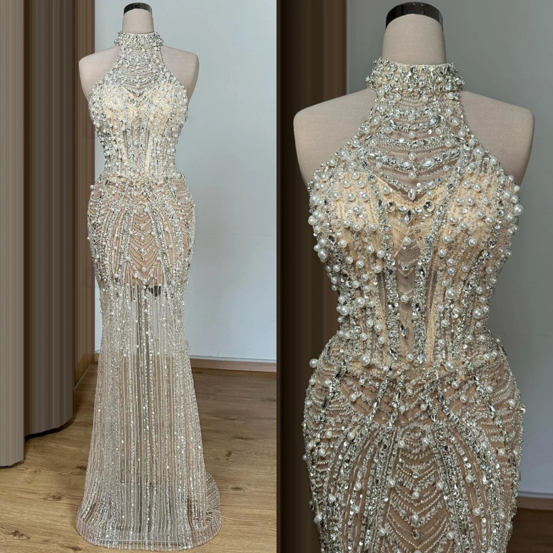 Fashion Evening Dresses For Women High Collar Sleeveless Gown Pearls Crystal Sequins See Through Dress Party Customized Dress