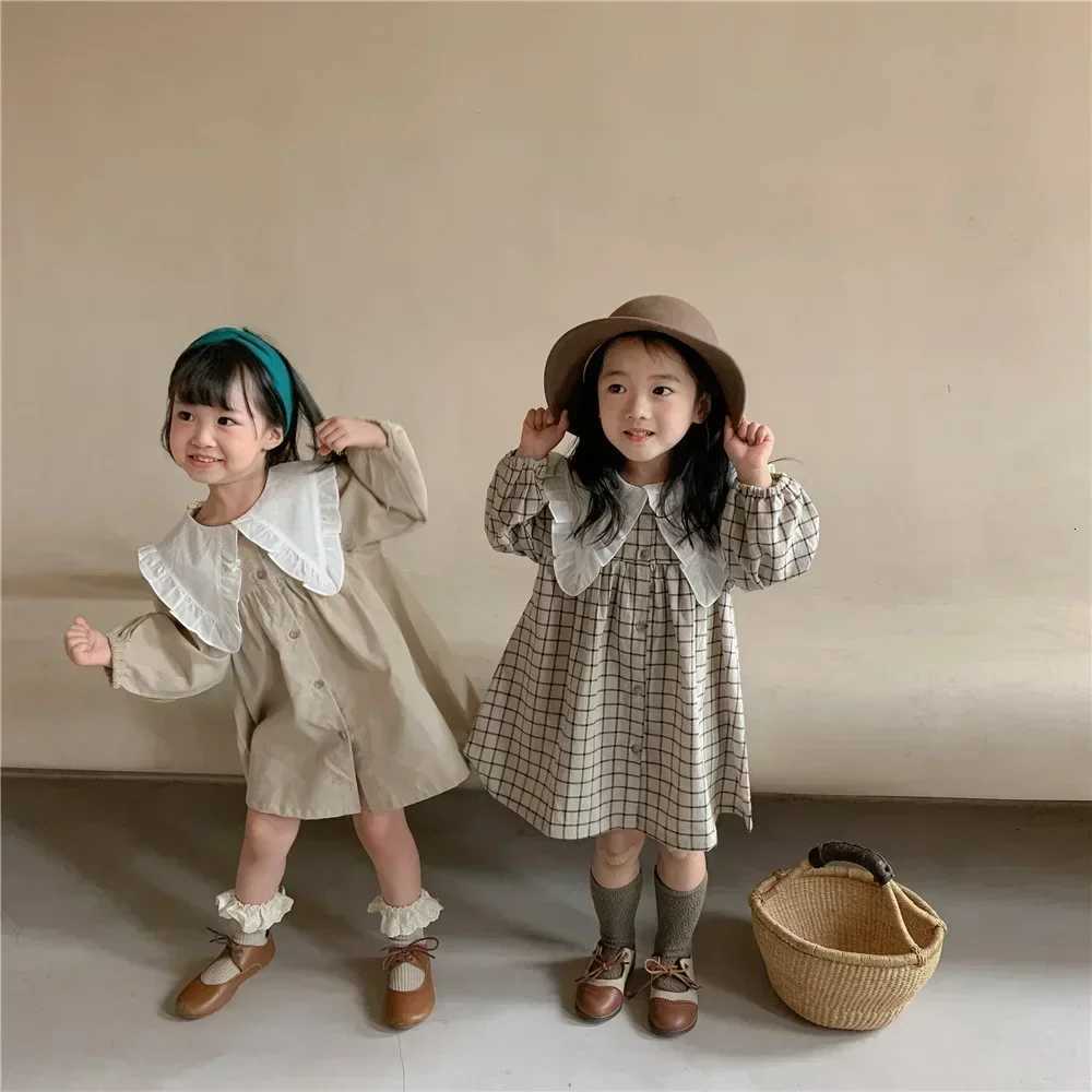 8486 Girls Clothes Casual Dress Spring Autumn New Korean Cotton Linen Girls Princess Plaid DressT260330