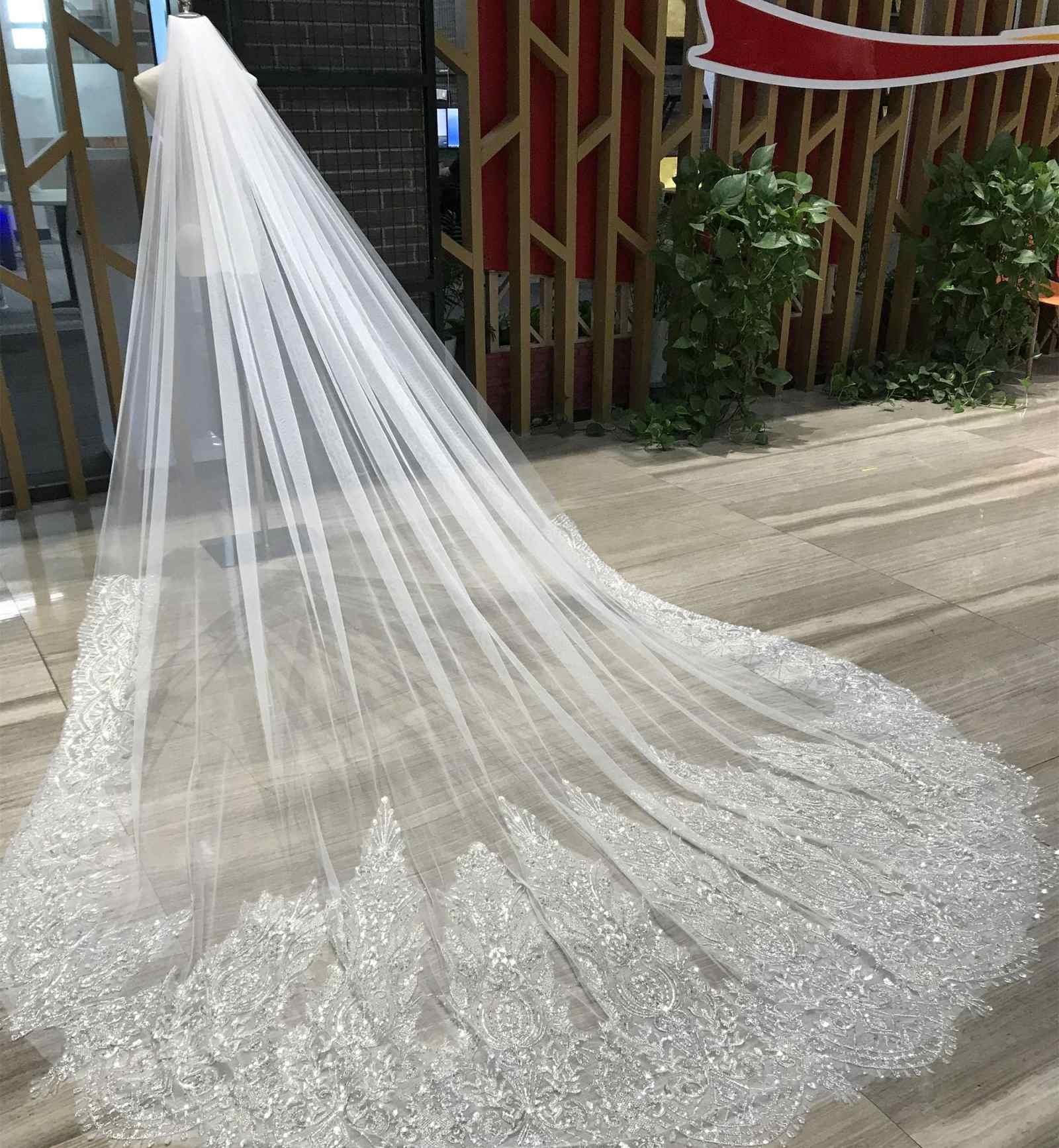 Luxury Wedding Veil Crystals Beading One Layer Cathedral Length Veils Velo De Cabeza Customized