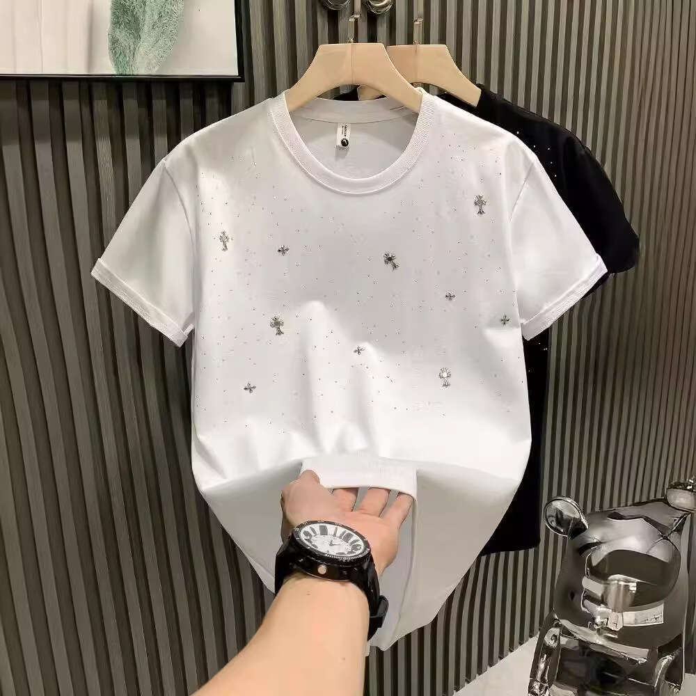 European-style trendy niche cross rhinestone fashion luxury brand men's short-sleeve T-shirt for young people