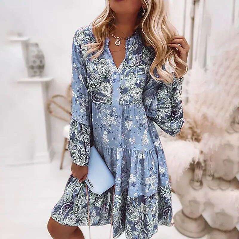 2026 cross-border spring/summer new women's printed patchwork short skirt, popular layered mini dress, in stock with real photos