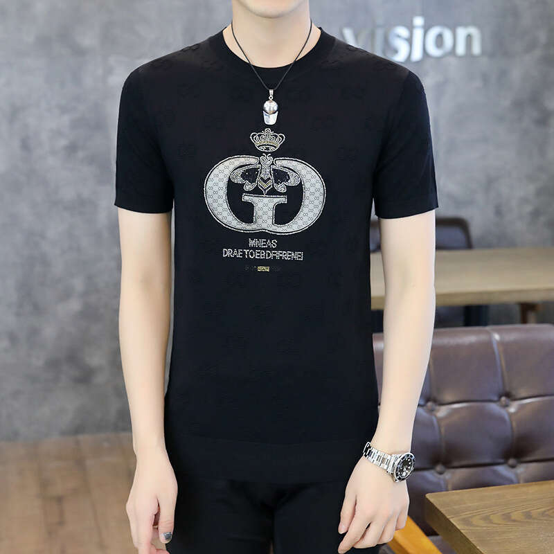 Collection luxury Summer New European Style Men's Short Round Neck T-Shirt Korean Version Slim Fit Trendy Versatile Half Sleeve Tee