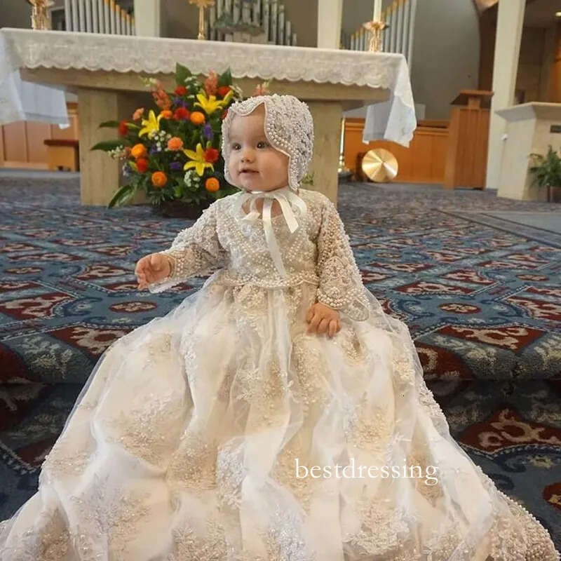 Vintage Pearls Christening Dresses Baby Sleeve Appliques Infant Toddler First Communion Gown White A Line O Neck Long Baptism Dress For Newborn D0330