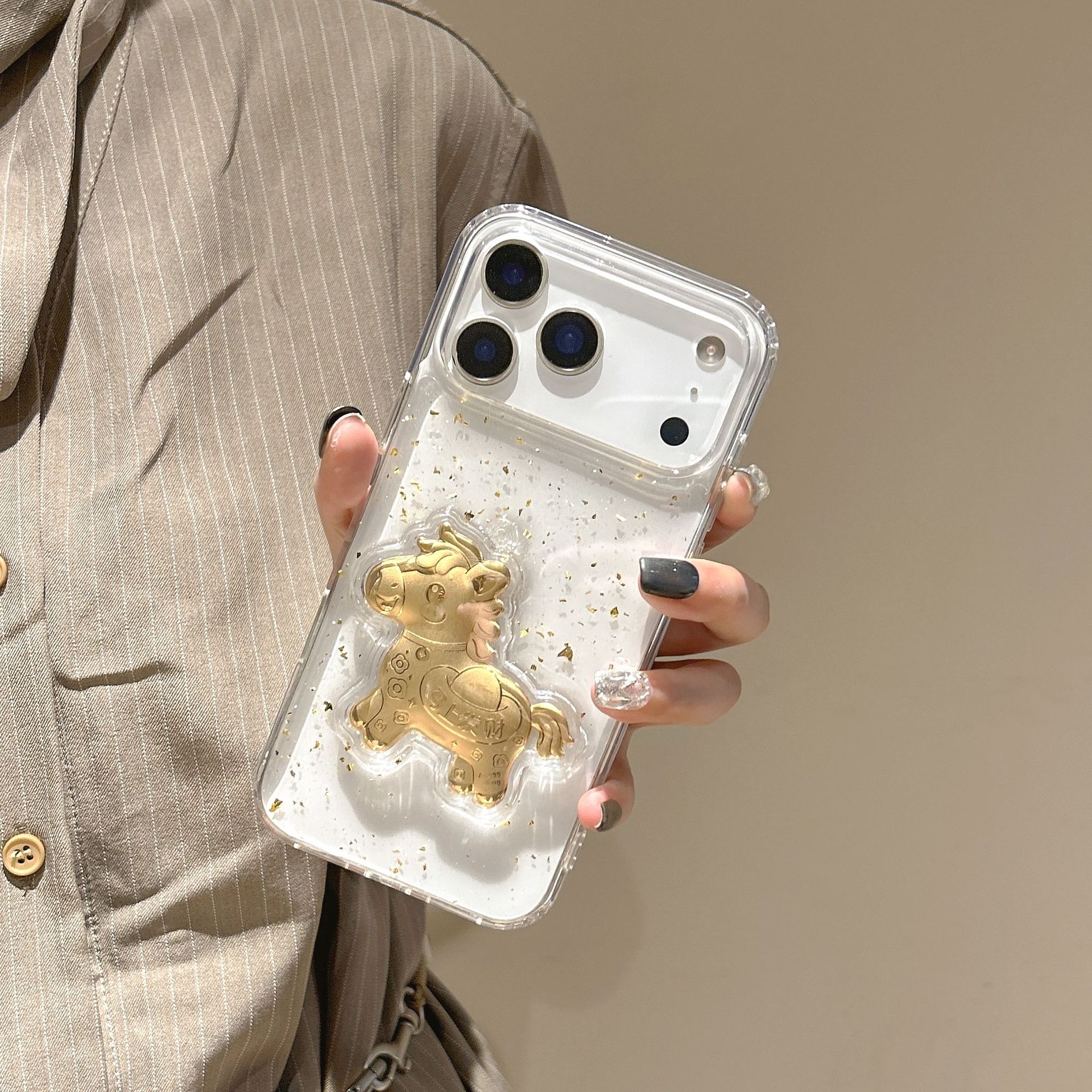 3D Epoxy Gold Foil Lucky Horse Transparent Shockproof Case for iPhone