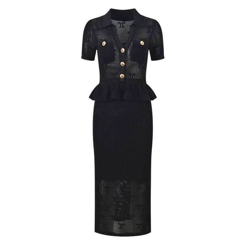 Knitted Hollow Out Midi Dress Viscose Nylon Boho Beach Calf Length Straight Hem Summer Ruffled Trim Mdng260330