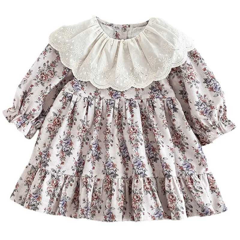YBFSKID Spring Kid Girl Princess Dress Retro Floral Printed Infant Baby Girl Dress Lace Collar Children Girl Dress Toddler DressT260330