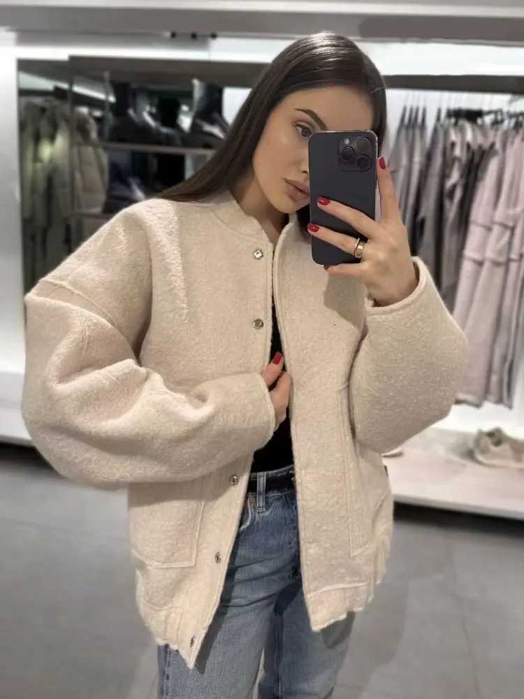 Women Fashion With Pockets Oversized Bomber Jacket Coat Vintage Long Sleeve Snap Button Female Outerwear Chic TopsT260328