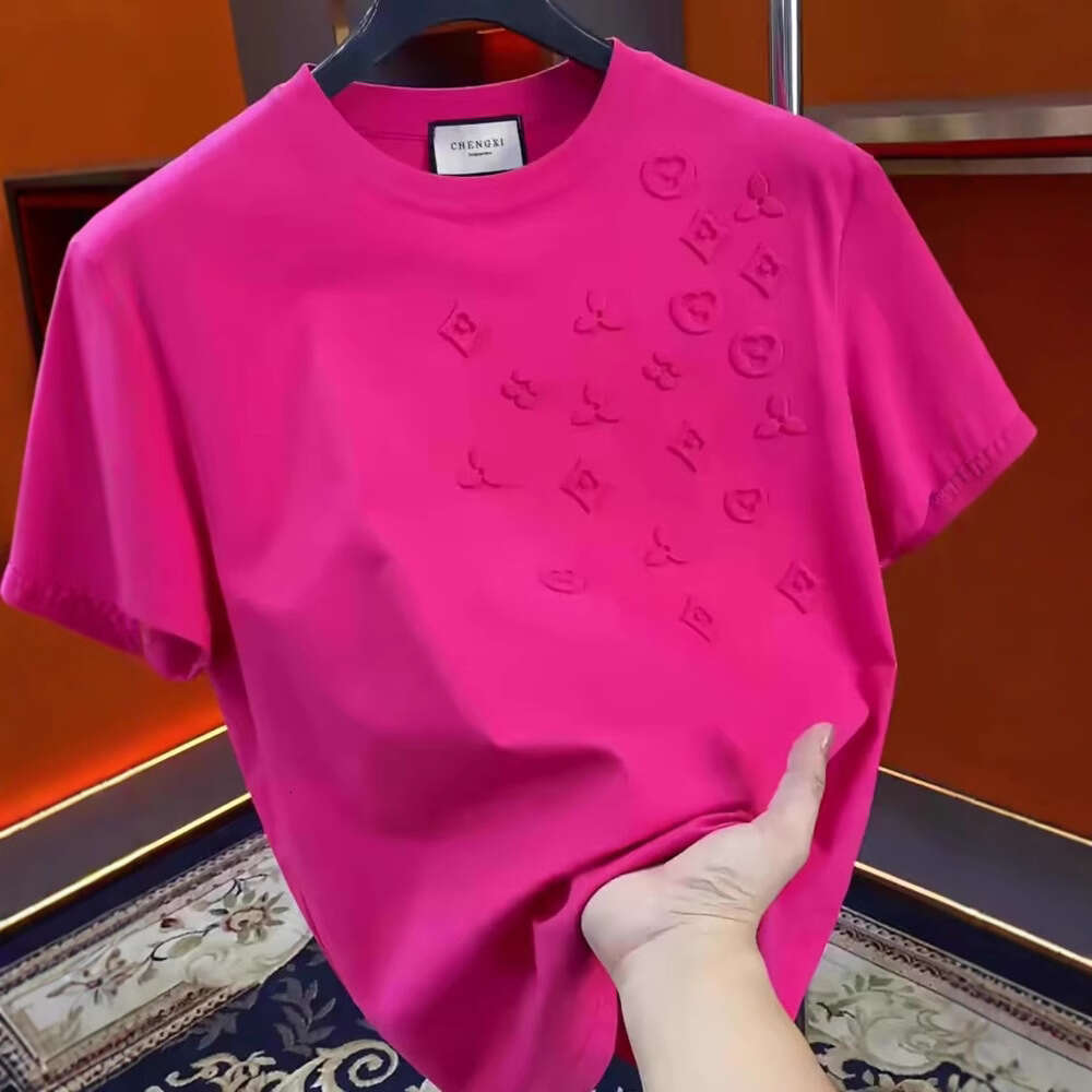 This Summer's Trend: Rose Red Trendy American Style Printed Loose Heavyweight Crew Neck T-Shirt for Men and Women