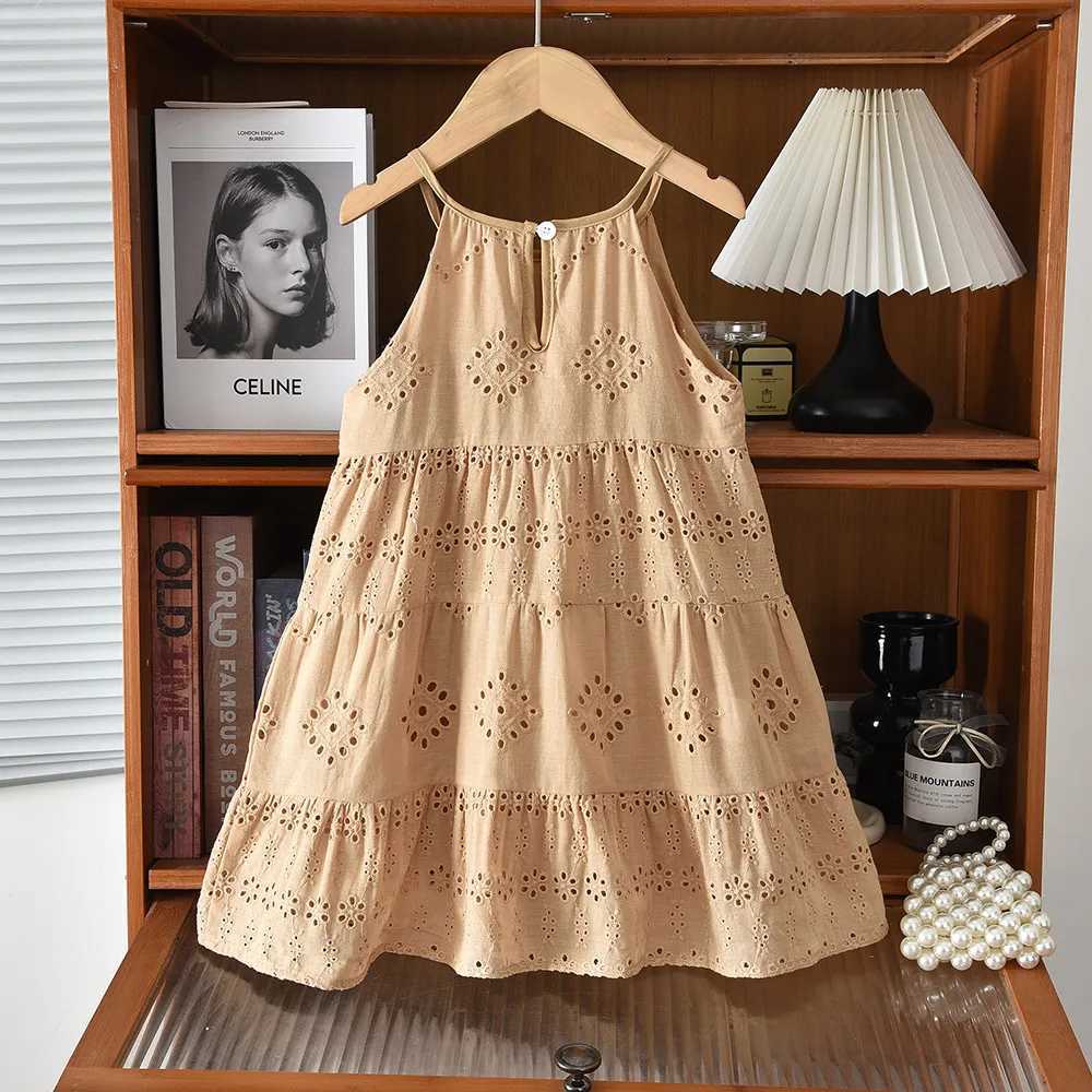 2026 Kids Clothing Korean Dress for Girls Solid Color Lace Hollow-out Suspenders Dresses Plain Cotton Girls Summer ClothesT260330
