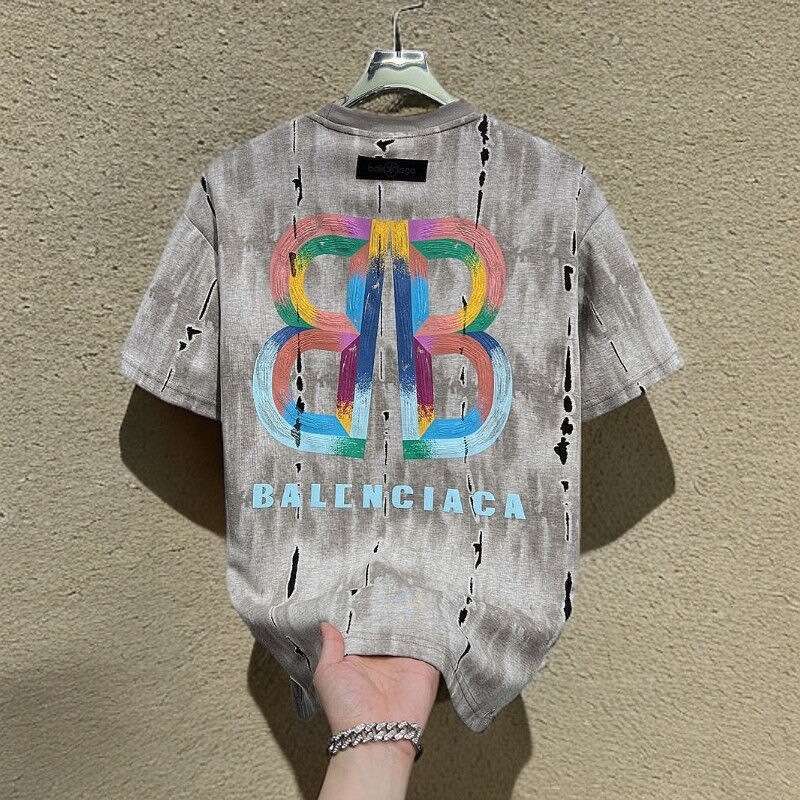 European high-end fashion printed ripped short-sleeve t-shirt for men, trendy brand, loose fit, luxury summer new men's half-sleeve shirt