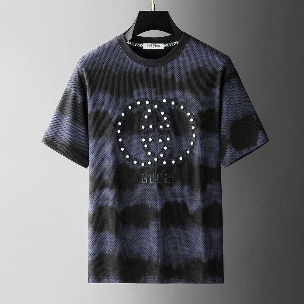 European-style men's high-end pearl embroidered short-sleeve t-shirt, trendy and breathable, luxury new summer half-sleeve