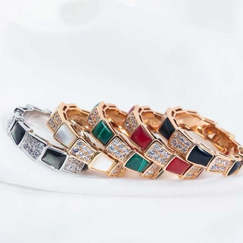 Ring Gold Closed Snake Bone Narrow Wide Version Mother-Of-Pearl Chalcedony Inlaid Diamond Ring Fashion Light Luxury Jewelry Ring