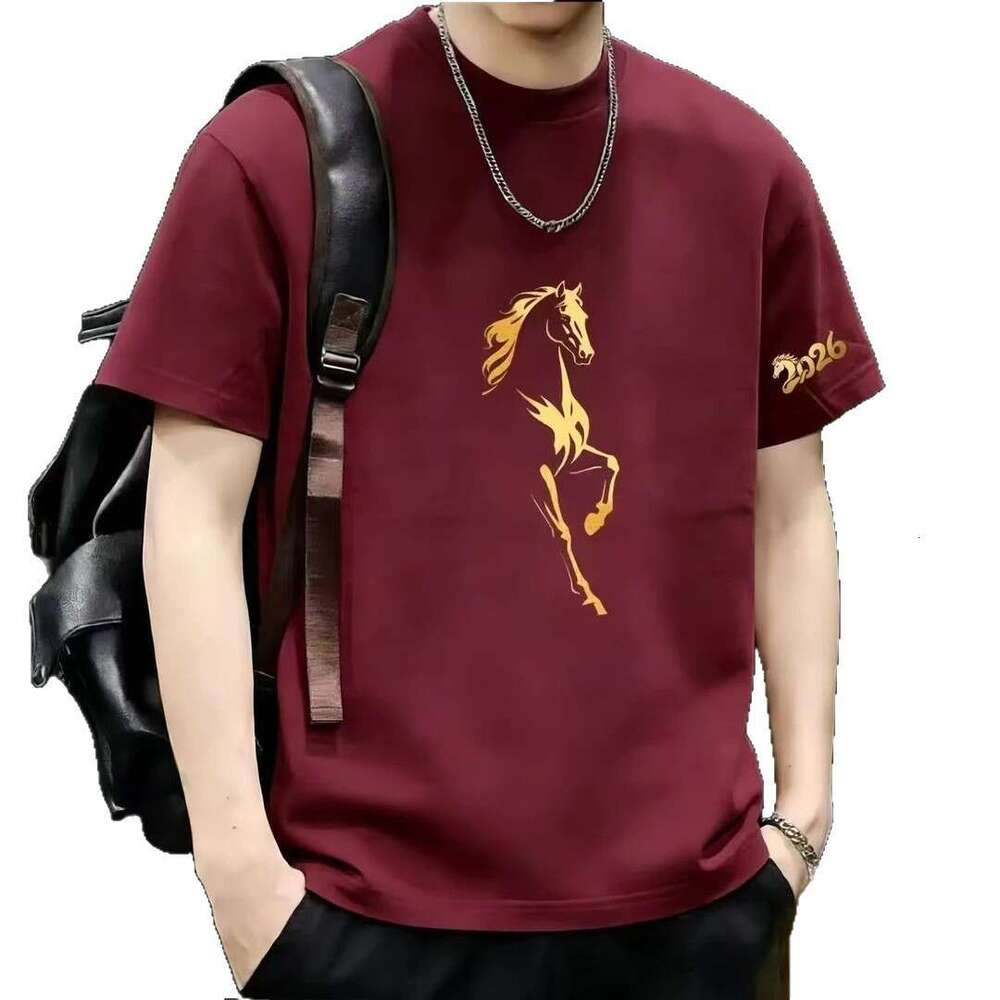2026 Year Of Horse Popular Pure Cotton Gold Horse Print Short-Sleeve Men, Red High-End T-Shirt For The Zodiac Year