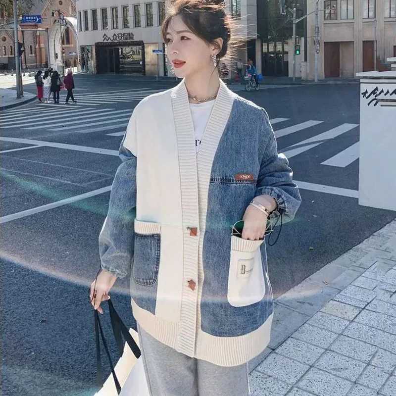 New Oversized Womens Denim Coat Autumn Design Sense Loose Baseball Jacket Top Fashion Female Sweater Patchwork Outerwear 4XLT260328