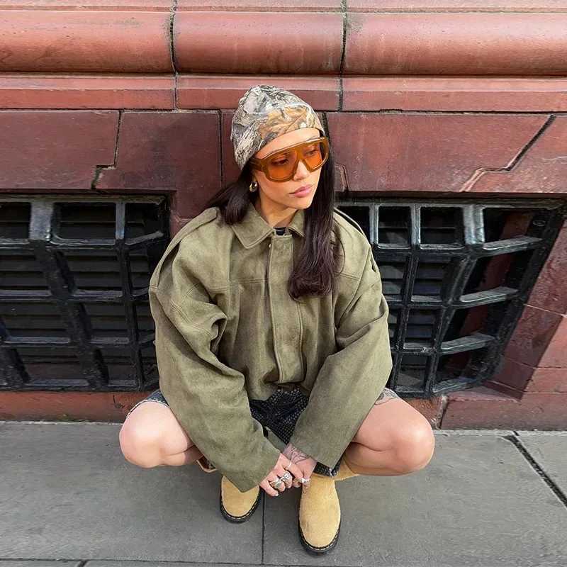 Womens Army Elegant Bomber Jackets Coats Fashion Turn-down Collar Long Sleeve Loose Coats Vintage Female Outerwear Chic TopsT260328