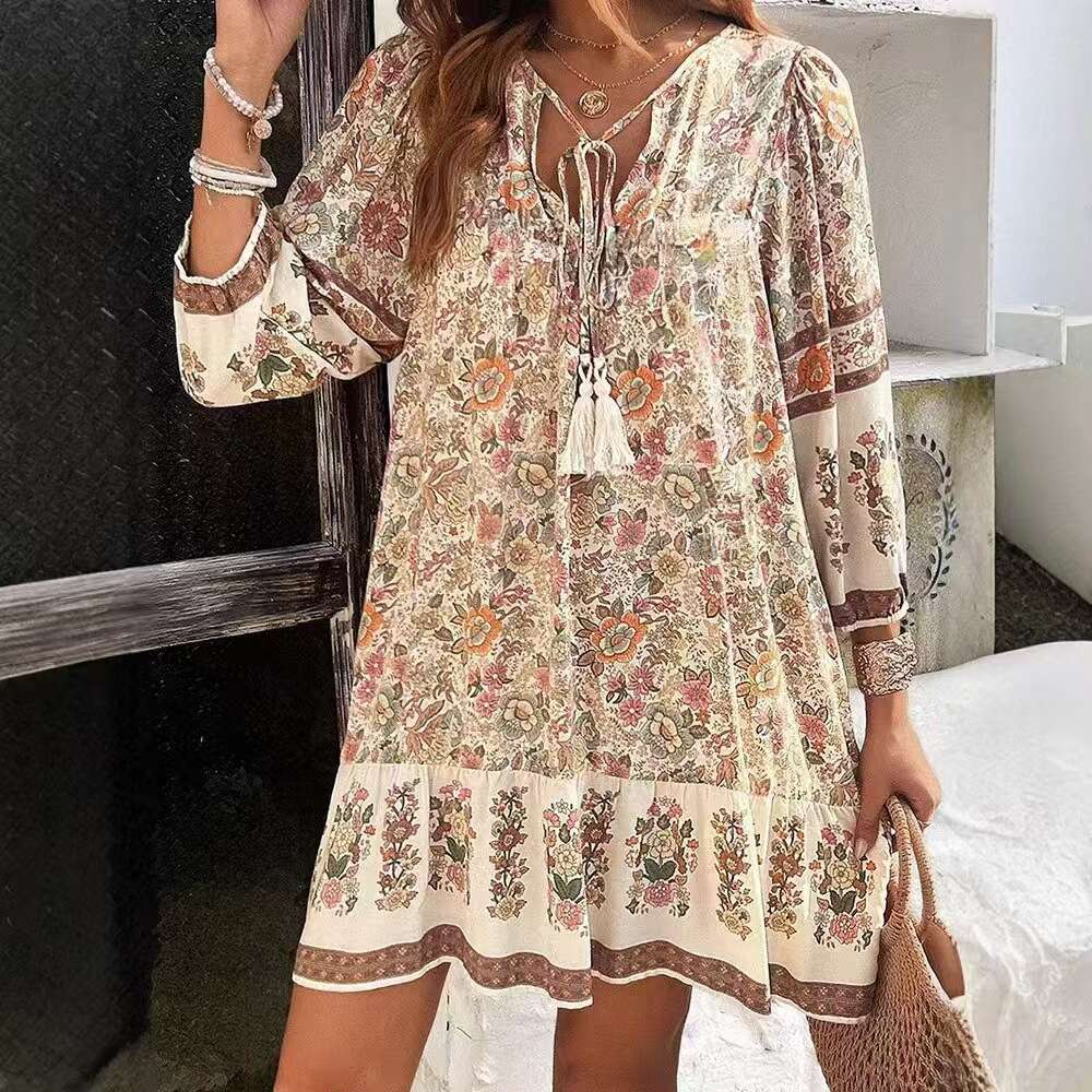 In-stock European and American cross-border printed shirt, foreign trade spring-summer casual bohemian vacation V-neck dress for women