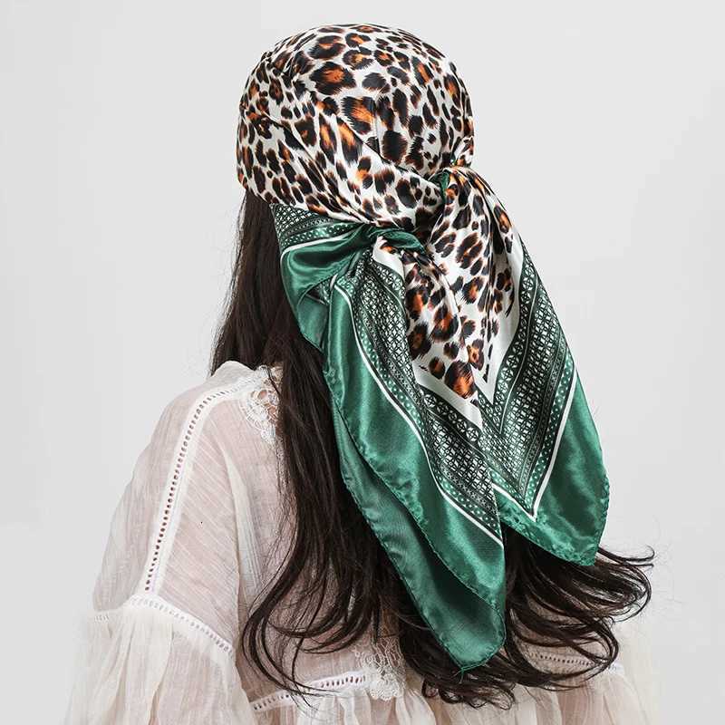 Leopard Print 90cm Square Silk Scarf Wan Satin band Muslim Hijabs Shawls Smooth Soft Hair Scarf Islimic Turban Bandana X260328