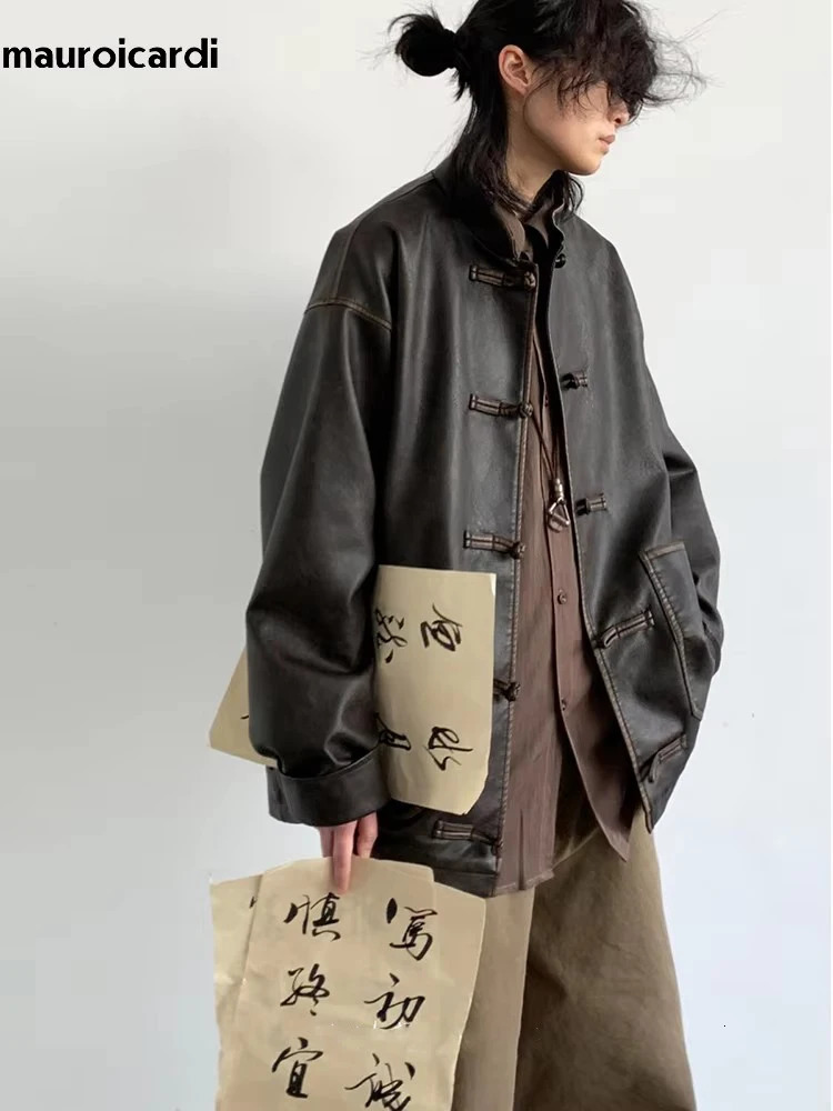 Mauroicardi Spring Cool Oversized Vintage Distressed Pu Leather Jacket Men Elegant Chinese Style Clothes 260327